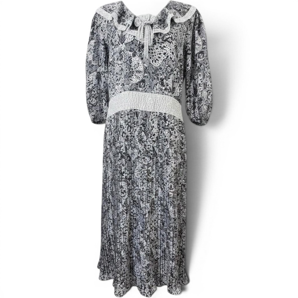 Vintage Diane Freis Georgette Paisley Polka Dot‎ Midi Dress Black White 80s